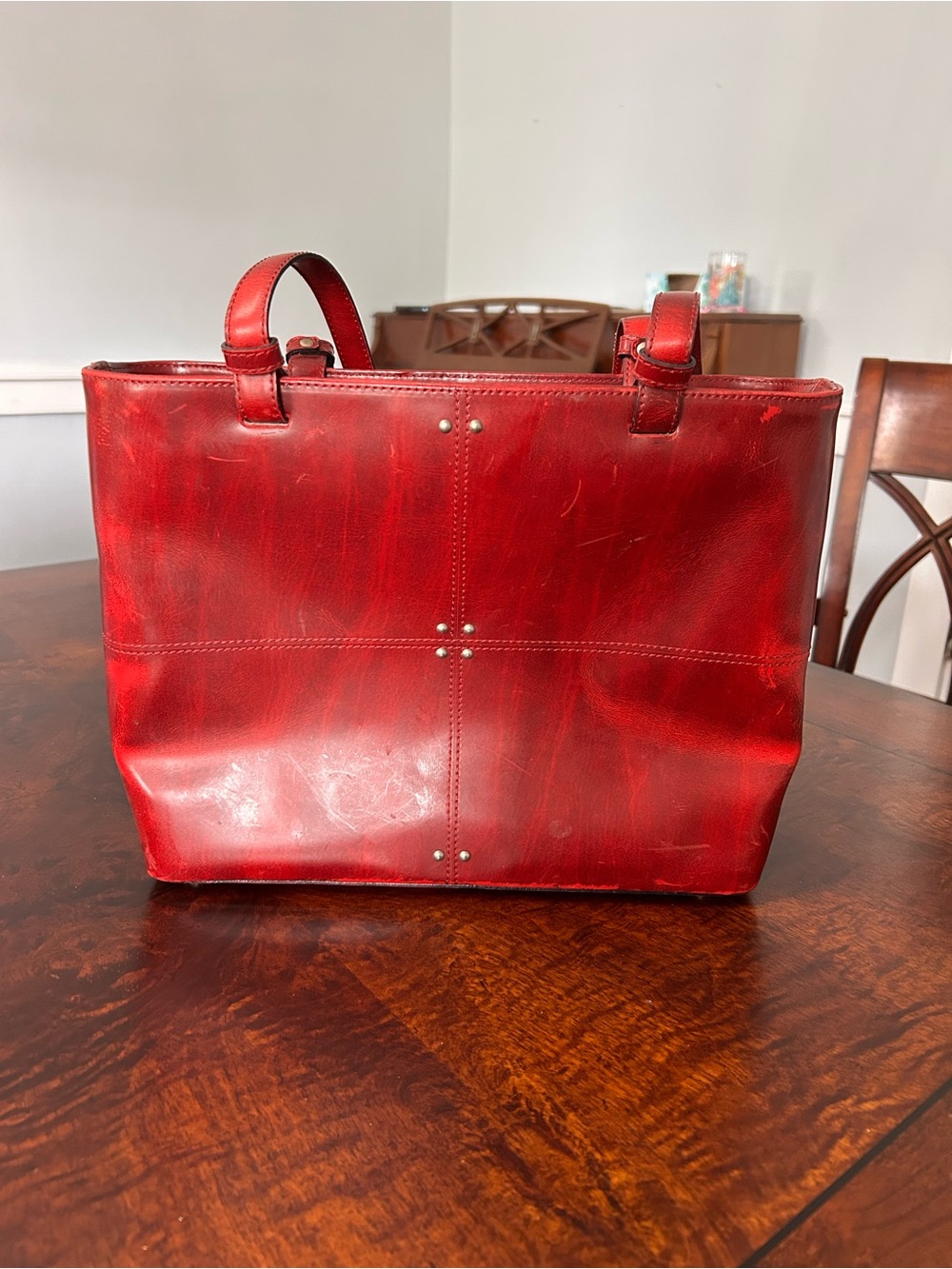 Made In Italy Genuine Leather‎ Red Burgundy Tote Shoulder Bag Zip Top Work Purse